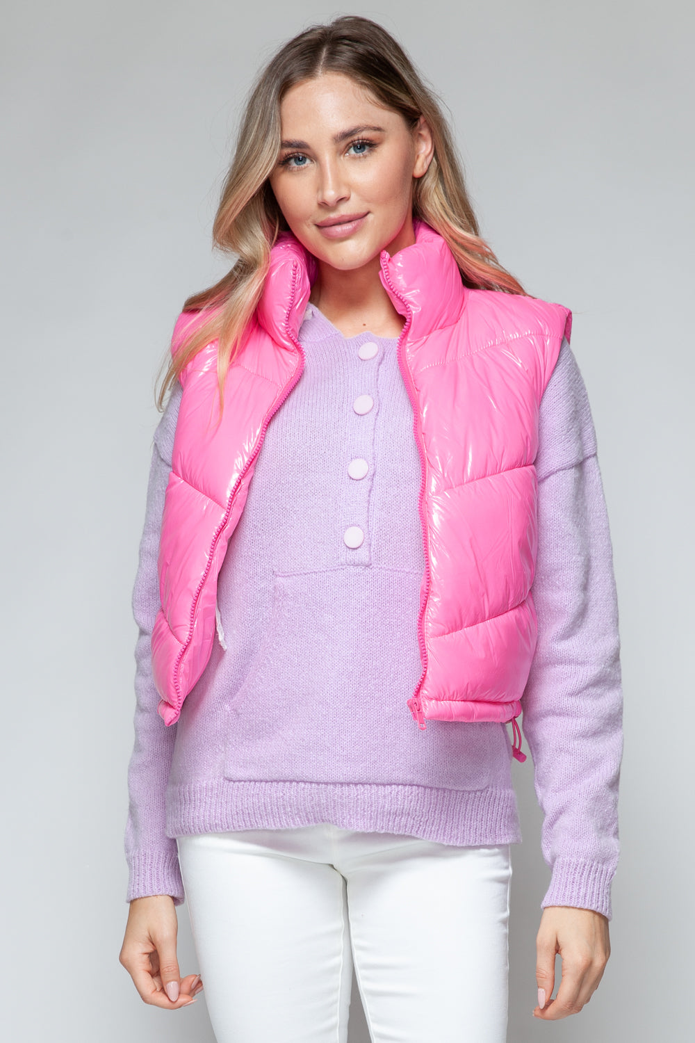 Snobbish A Quilted Touch Zip Up Turtleneck Shiny Quilted Vest in Hot Pink