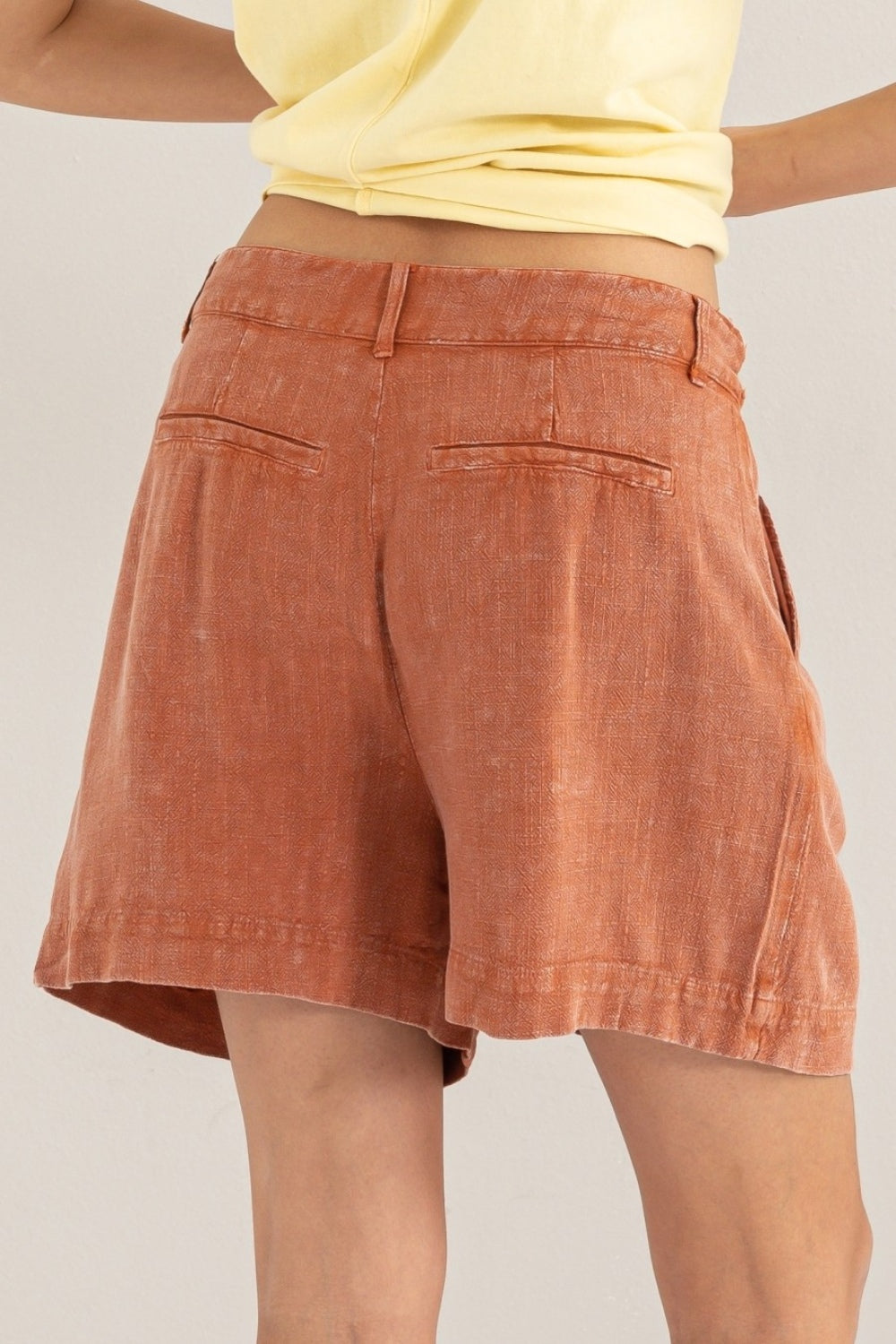 HYFVE Brunch Date High Waist Pleated Linen Shorts in Baked Clay