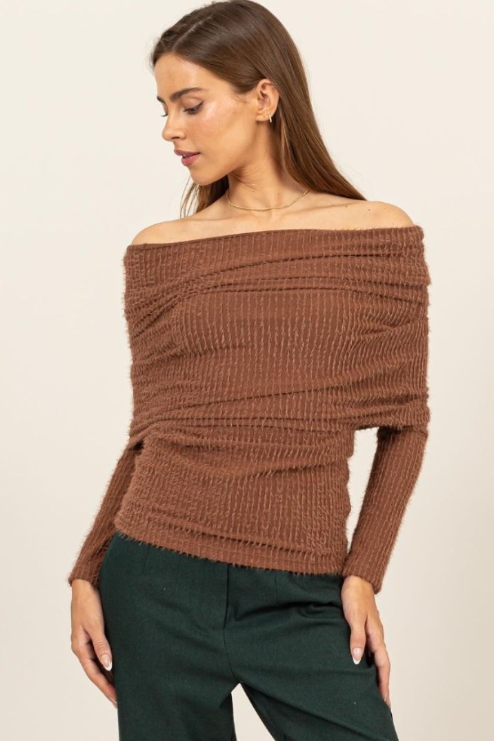 HYFVE Turn The Heat Up Fuzzy Off Shoulder Textured Knit Top in Brown