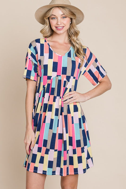 BOMBOM Flying Colors Ruched Color Block Short Sleeve Mini Dress