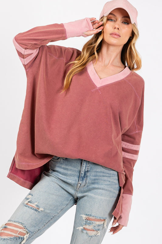 SAGE + FIG Mulberry Lane Mineral Wash Side Slit Contrast T-Shirt