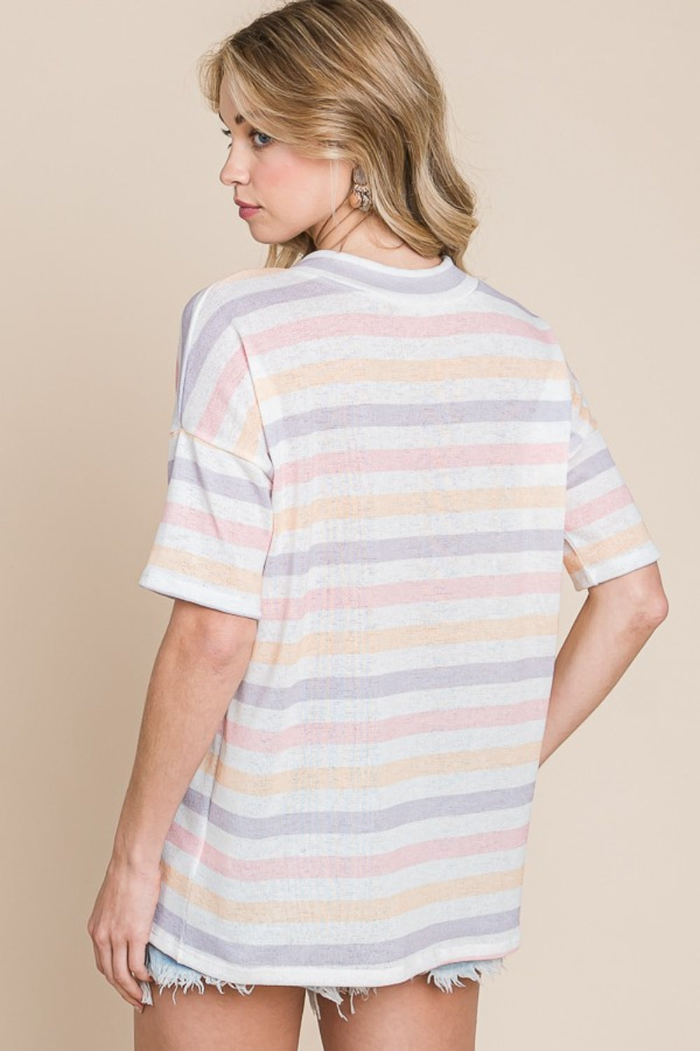 BOMBOM A Bright Start Striped V-Neck Short Sleeve T-Shirt