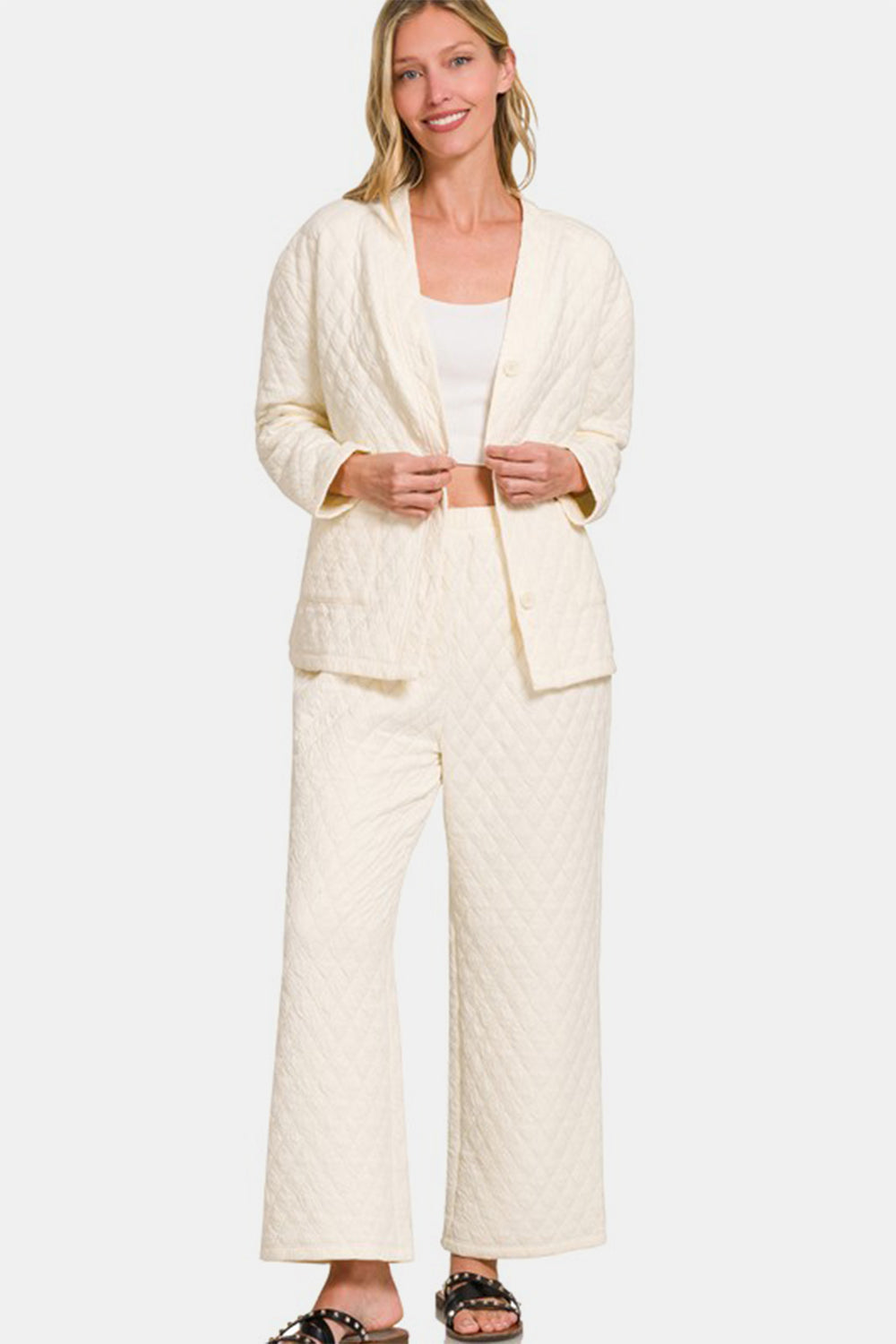Zenana Quilted Comfort Button Up Long Sleeve Top and Pants Lounge Set in Cream