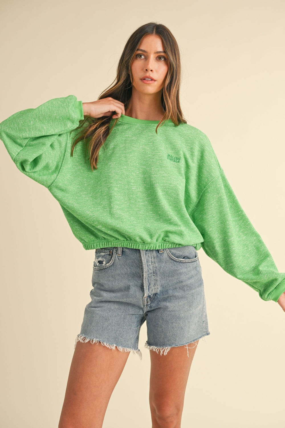 Mable Vintage in Malibu Letter Embroidery Crop Sweatshirt in Apple Green