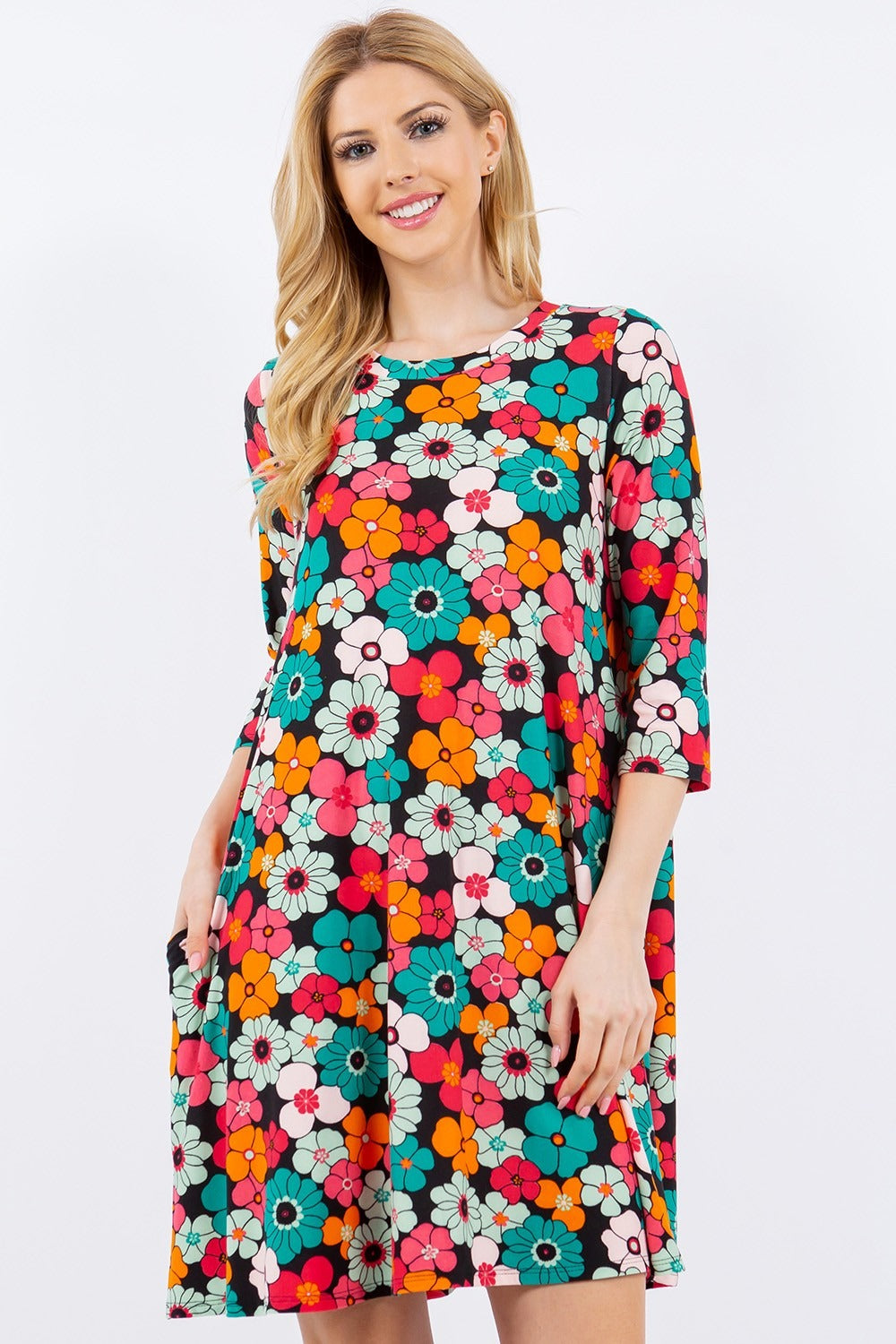 Celeste Summer Glowing Floral Three-Quarter Sleeve Dress with Pockets