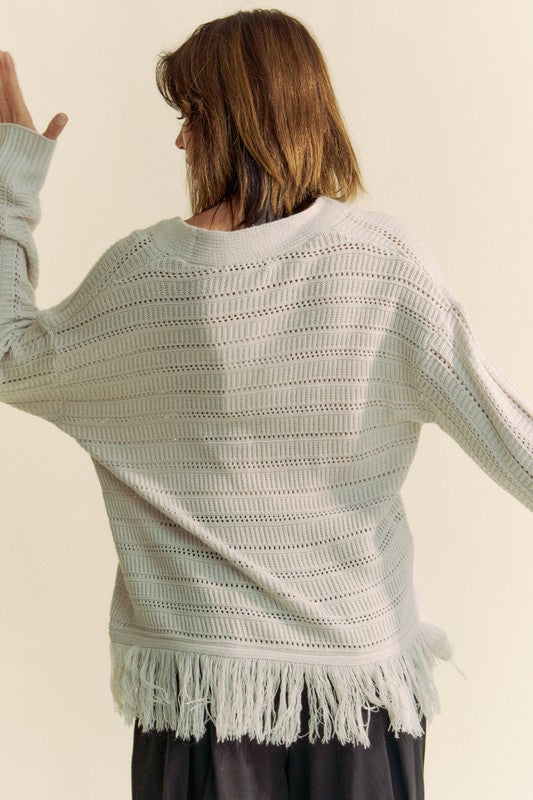 Davi & Dani Living on the Fringe V-Neck Button Up Long Sleeve Cardigan in Silver Grey