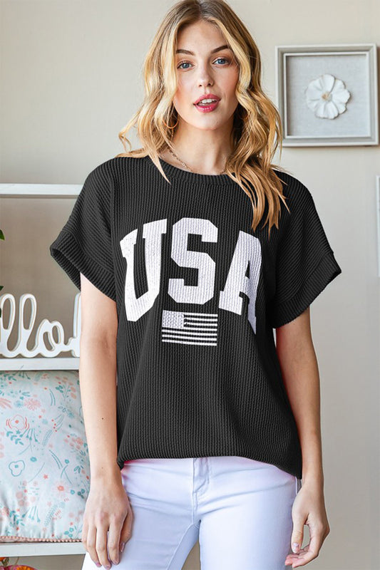 Heimish U S A Graphic Short Sleeve Ribbed Top in Black