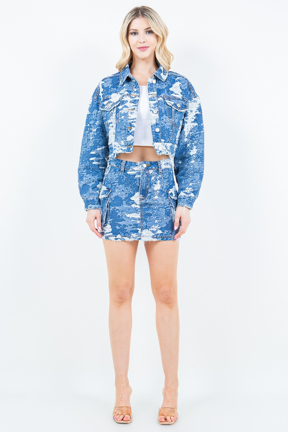 American Bazi Denim Chic Jacquard Trim Cropped Denim Jacket