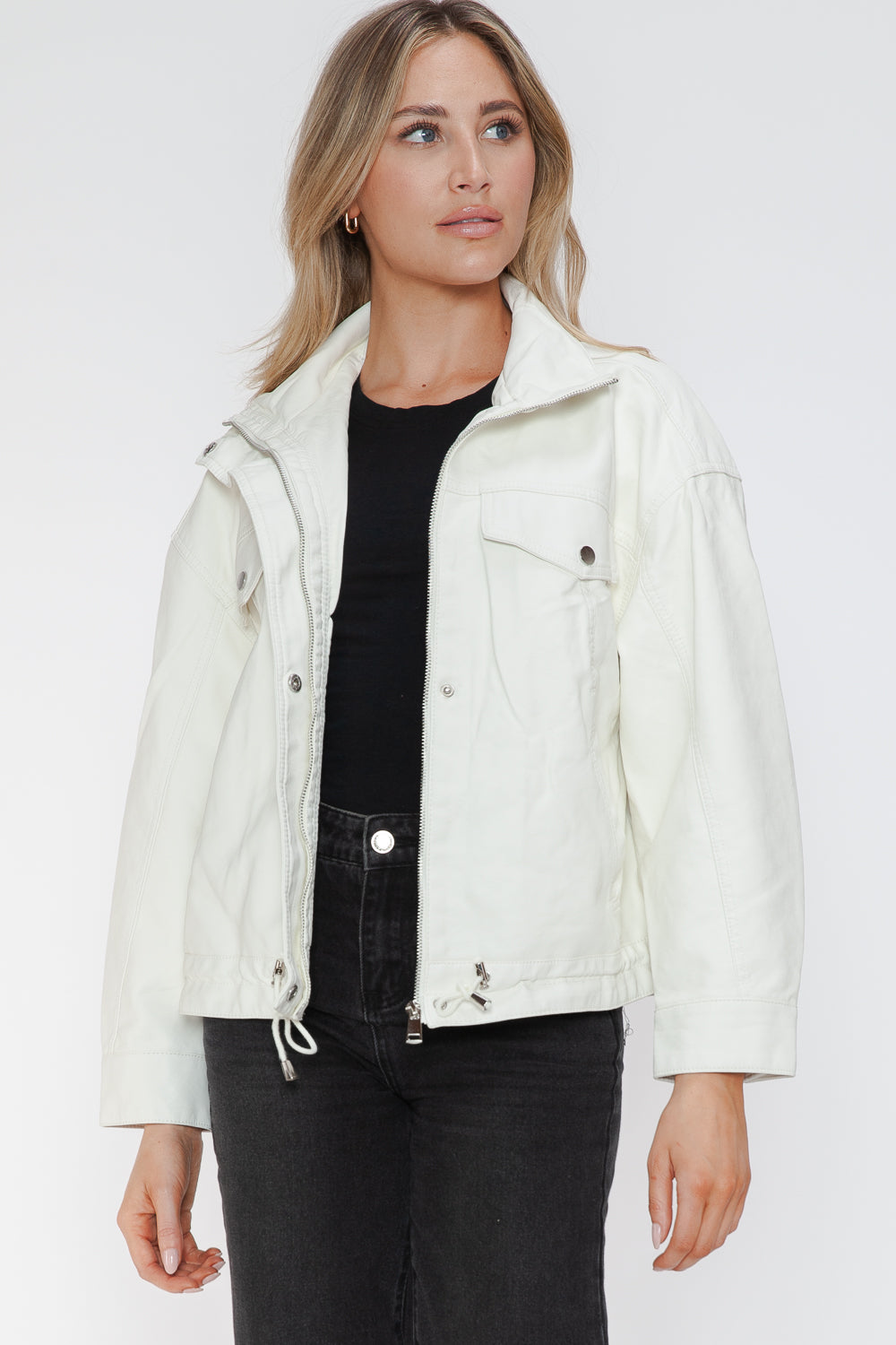 How Dare U My Favorite Layer Drawstring Hem PU Leather Zip Up Jacket in White