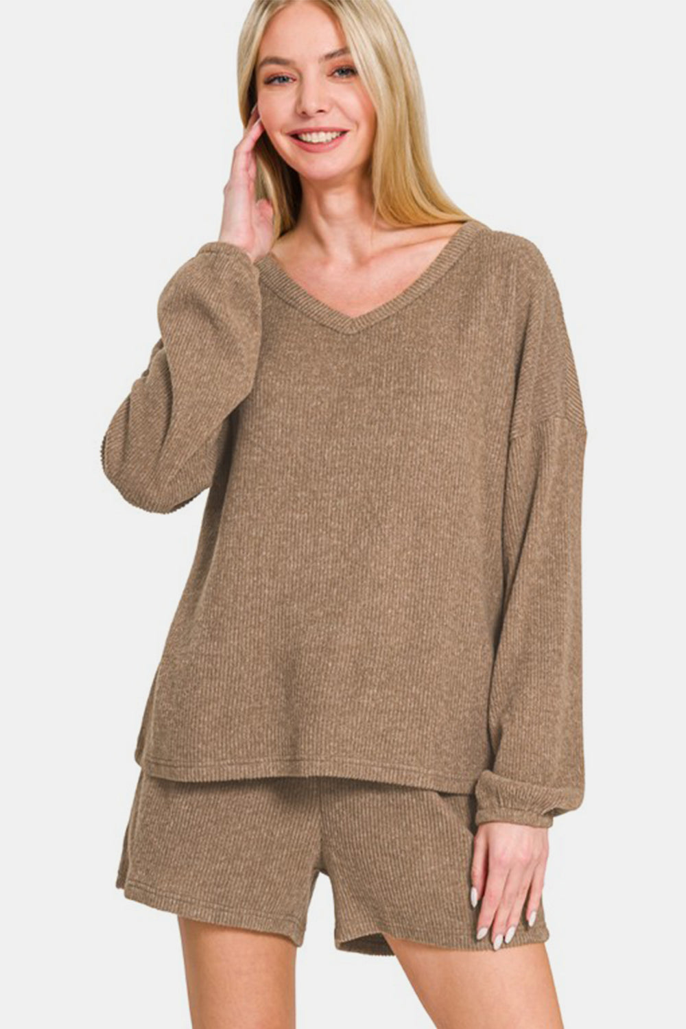 Zenana Collecting Moments V-Neck Long Sleeve Ribbed Top and Shorts Set in Camel