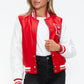Love Me Now Bring The Love PU Leather Contrast Snap Down Bomber Jacket in Red/Wine