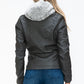 YMI Hooded and Happy Removable Faux Layered Multi-Pocket Jacket with Fuzzy Hood in Charcoal