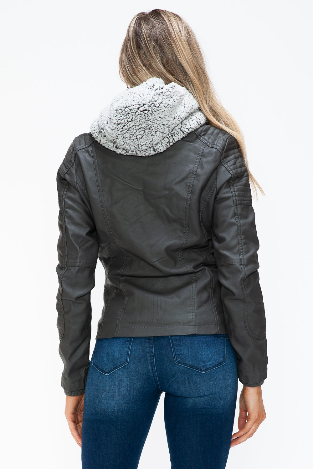 YMI Hooded and Happy Removable Faux Layered Multi-Pocket Jacket with Fuzzy Hood in Charcoal