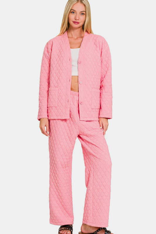 Zenana Quilted Comfort Button Up Long Sleeve Top and Pants Lounge Set in Dark Pink