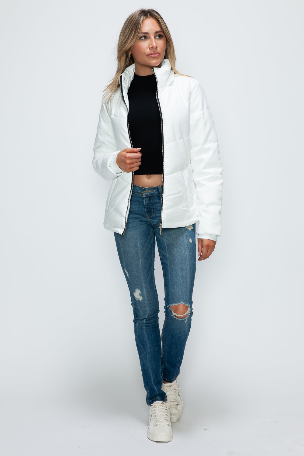 How Dare U Embrace The Chill Pocketed Zip Up Puffer Jacket with Removable Hood in White