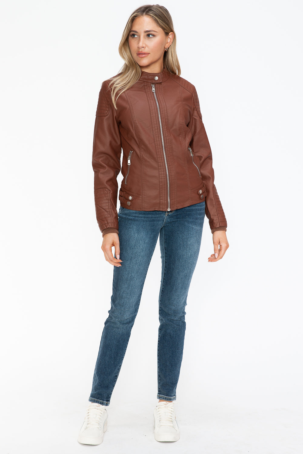 Snobbish A Wild Ride Faux Leather Biker Jacket with Side Zip Pockets in Brandy