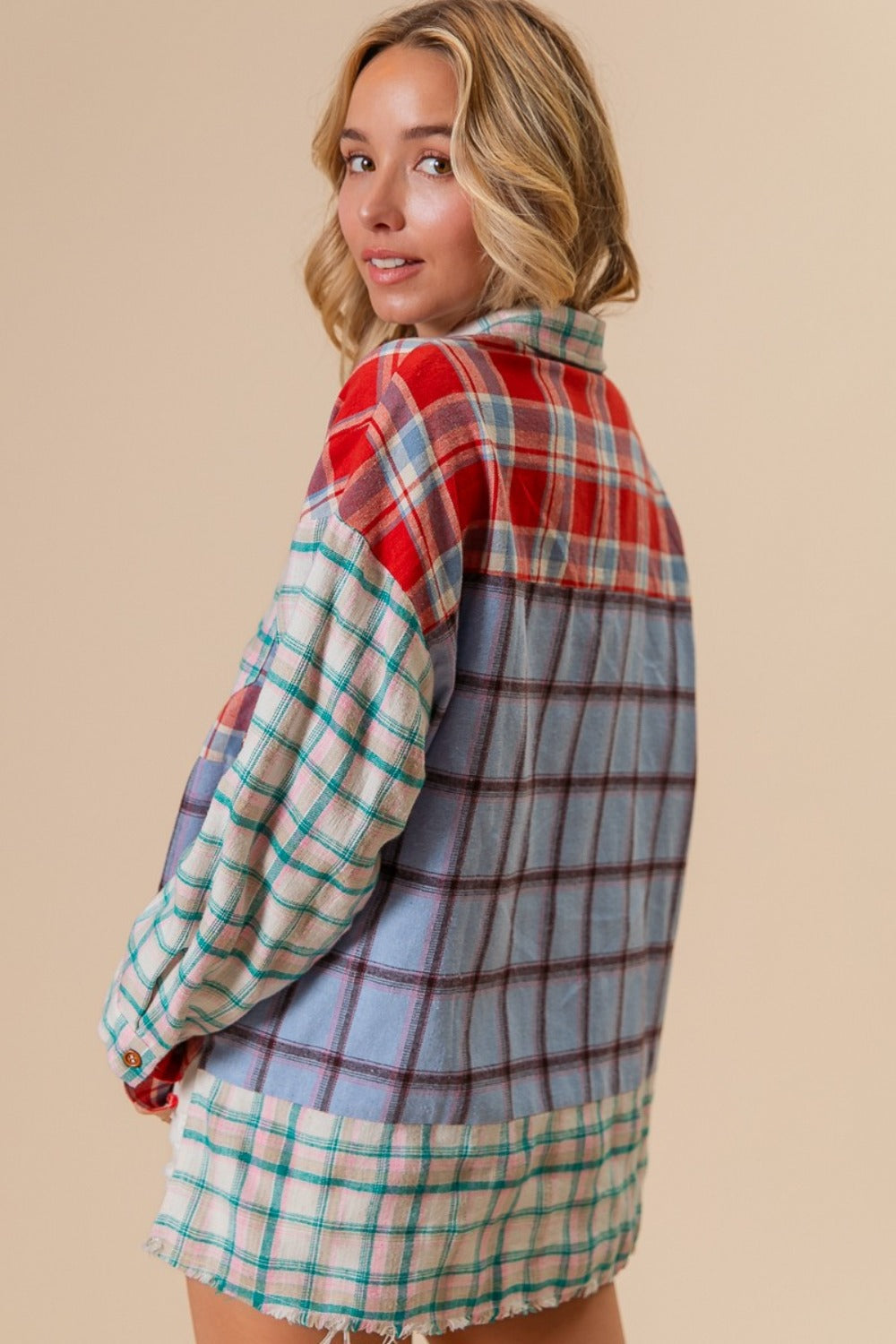 BiBi By The River Color Block Plaid Button Down Shirt