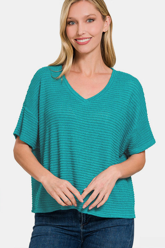 Zenana Summer In Teal Drop Shoulder Short Sleeve Jacquard Knit Top