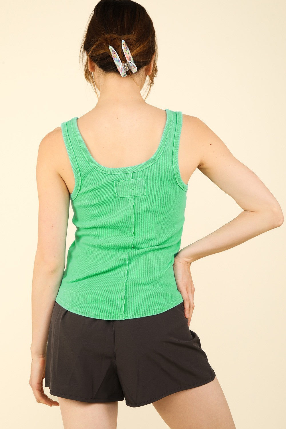 VERY J Vintage Skies Washed Ribbed Tank with Placket Detail in Green