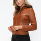 Snobbish Embrace The Day Faux Leather Zip Up Drawstring Hooded Jacket in Camel