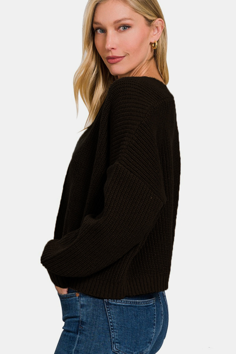 Zenana Falling For You Open Front Drop Shoulder Sweater Cardigan