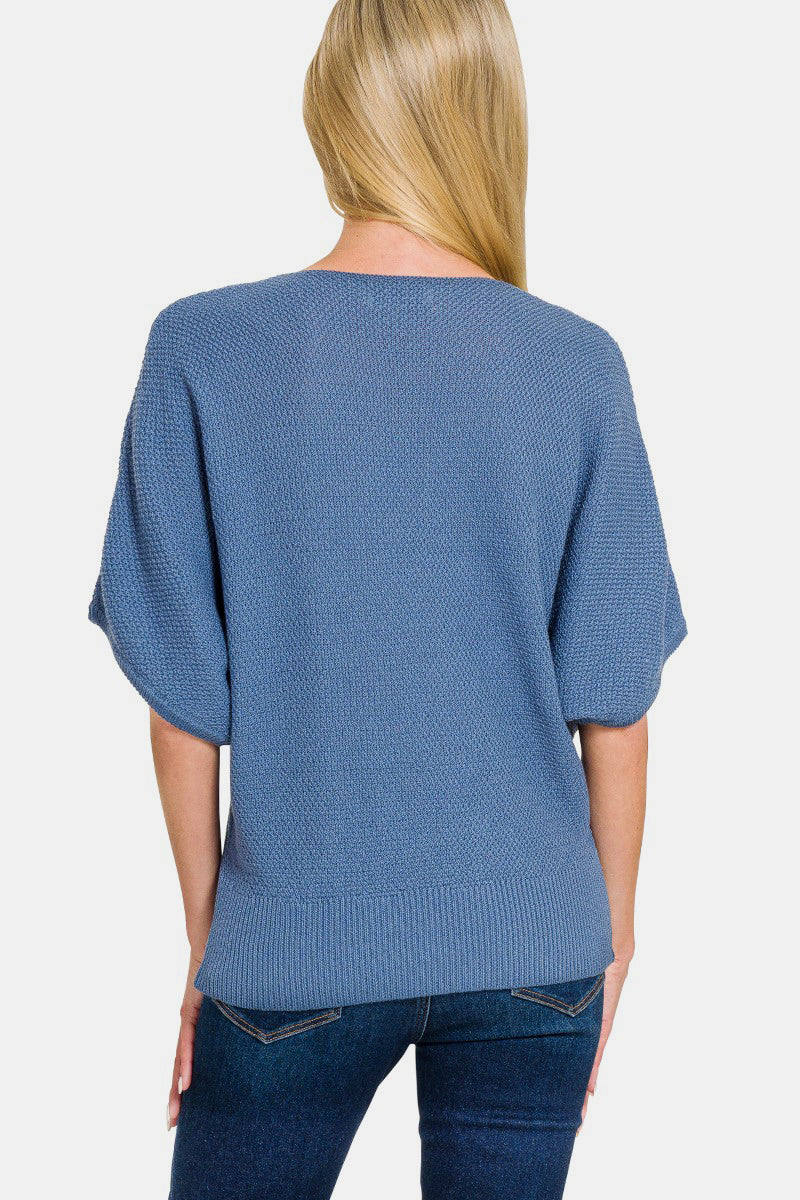 Zenana Make Your Move V-Neck Short Sleeve Dolman Sweater in Dusty Blue