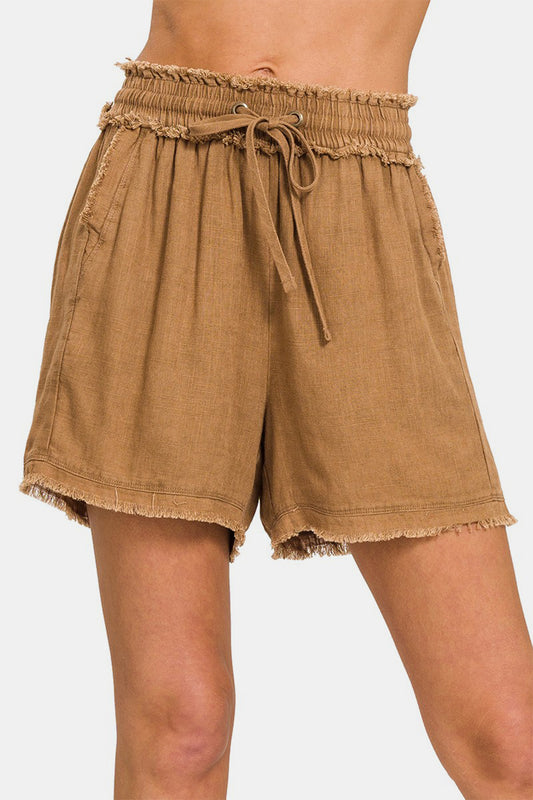 Zenana Summer Memories Washed Linen Frayed Hem Drawstring Shorts in Deep Camel