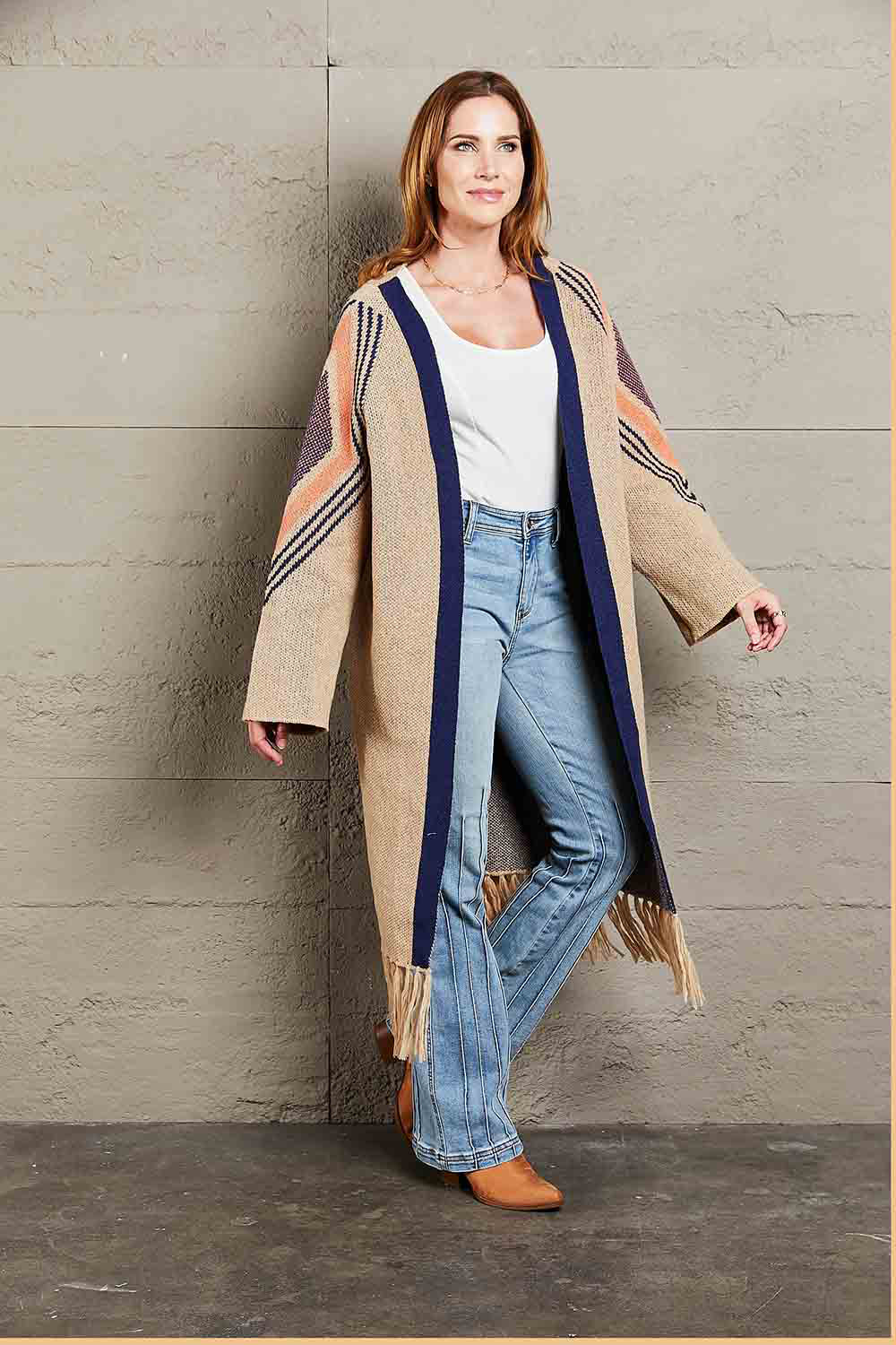 Angel Wings Fall, I'm Ready Geometric Fringe Hem Open Front Duster Cardigan