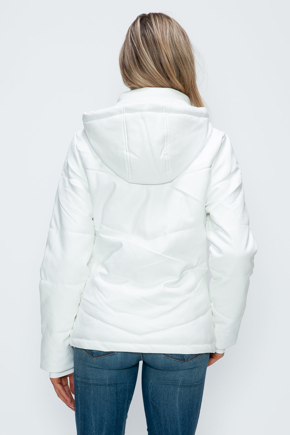 How Dare U Embrace The Chill Pocketed Zip Up Puffer Jacket with Removable Hood in White