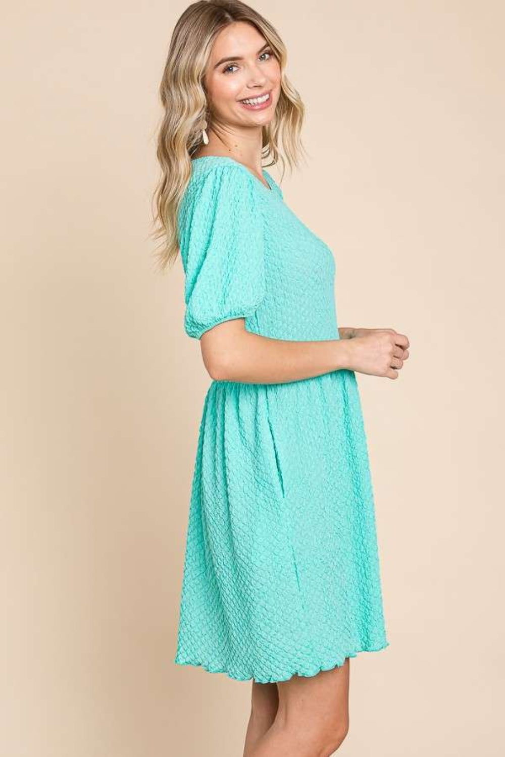 Culture Code Minty Skies Textured Puff Sleeve Dress
