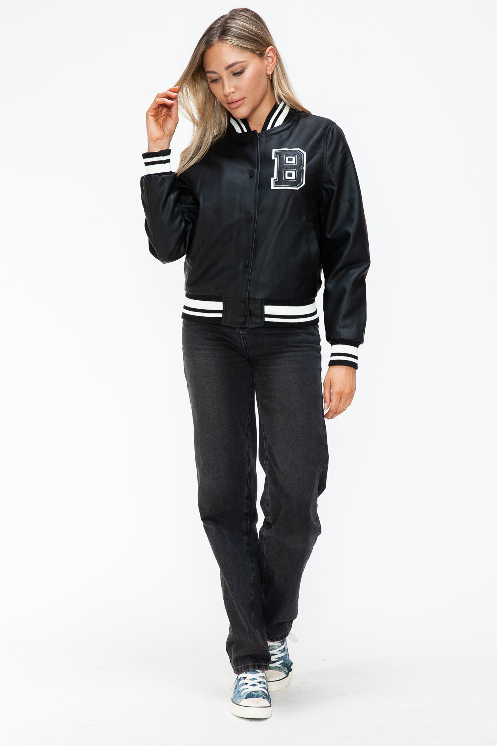 Love Me Now Bring The Love PU Leather Contrast Snap Down Bomber Jacket in Midnight/Black