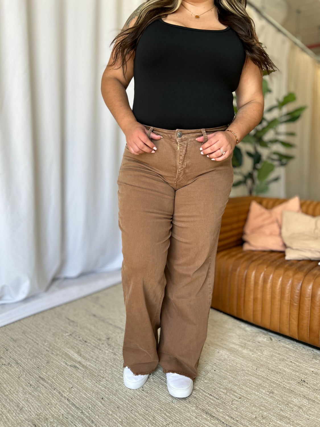 RFM Dawn High Rise Garment Dye Wide Leg Jeans in Coffee