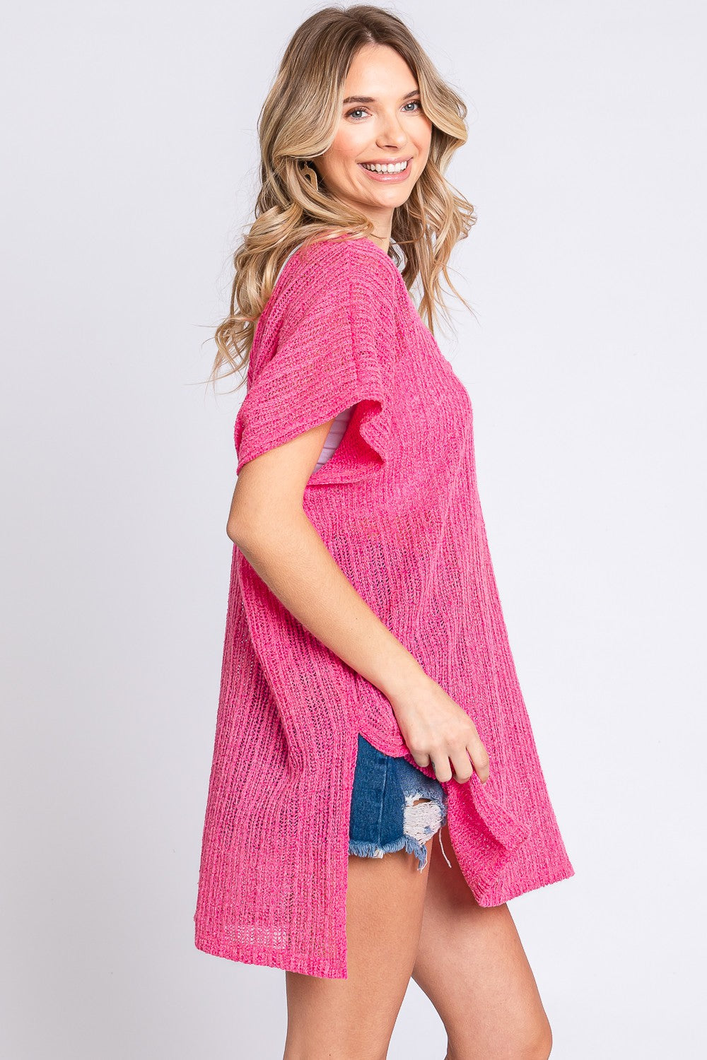 GeeGee Give Me My Hot Pink Short Sleeve Side Slit Knit Cover Up Dress