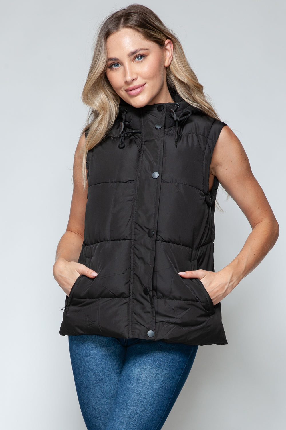 Snobbish Cute and Cozy Snap and Zip Closure Hooded Vest in Midnight/ Black