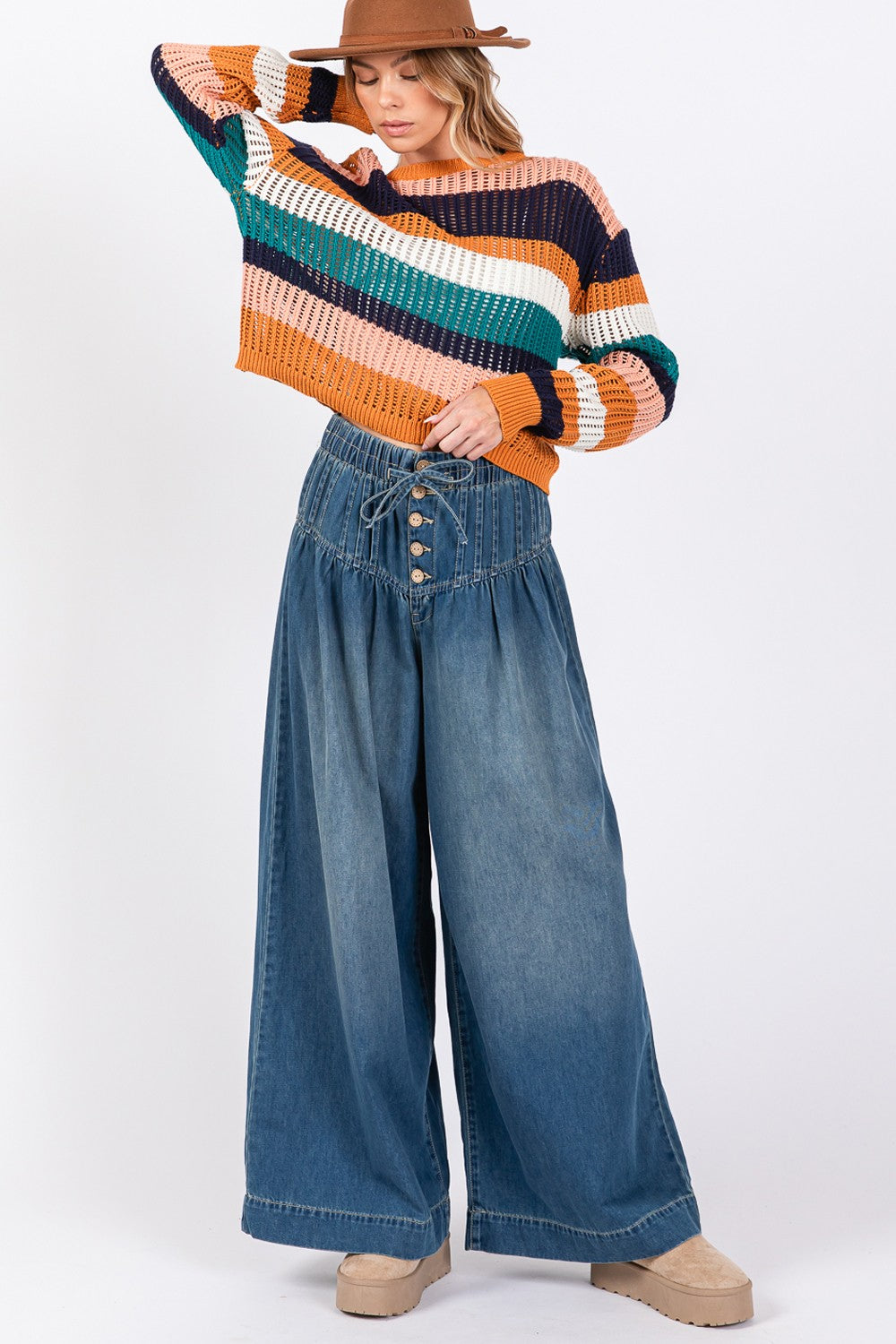 SAGE+FIG On The Move Smocked Waist Band Wide Leg Jeans