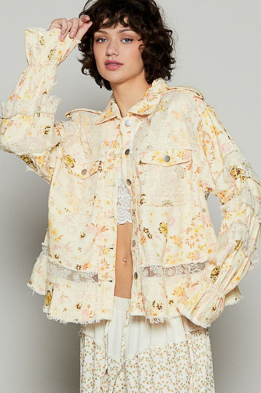 POL Dreams Come True Raw Hem Lace Patch Flounce Sleeve Jacket in Pastel Yellow