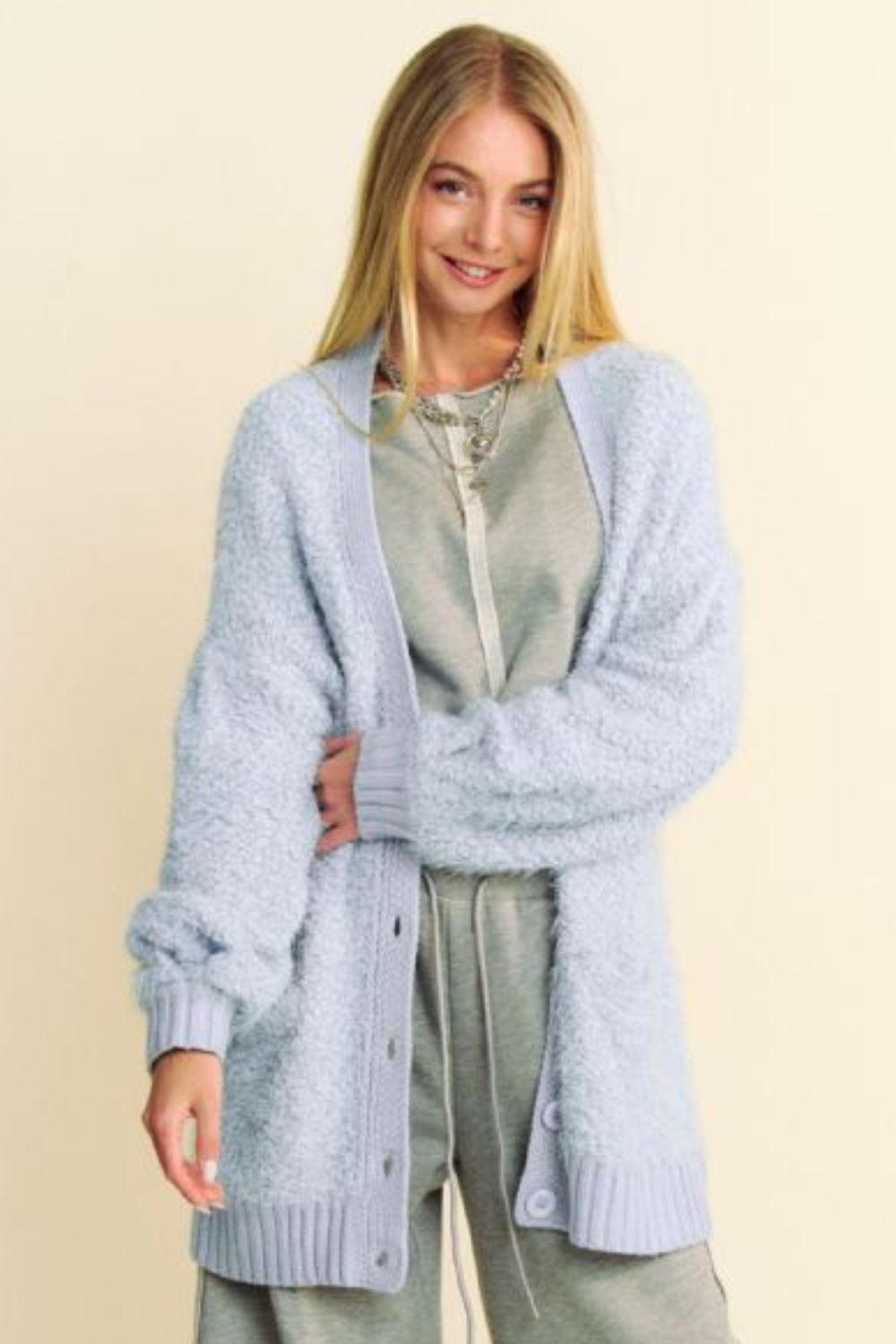 Davi & Dani Ribbed and Ready Ribbed Hem Button Up Long Sleeve Cardigan