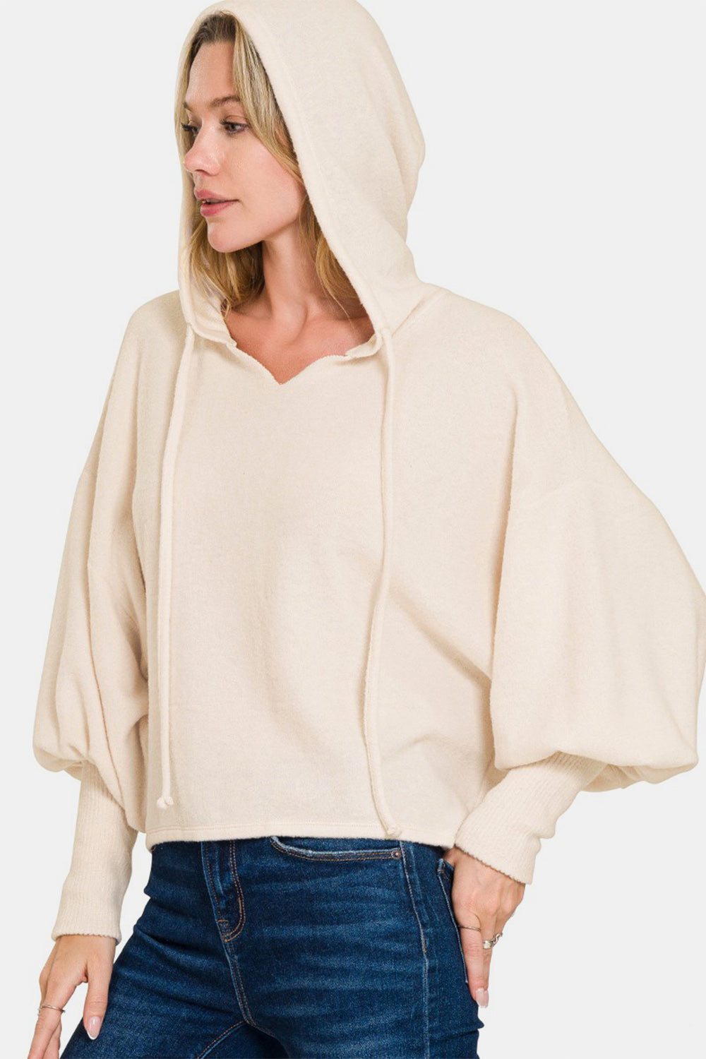 Zenana Brushed Perfection Hacci Drop Shoulder Cropped Hoodie in Sand Beige