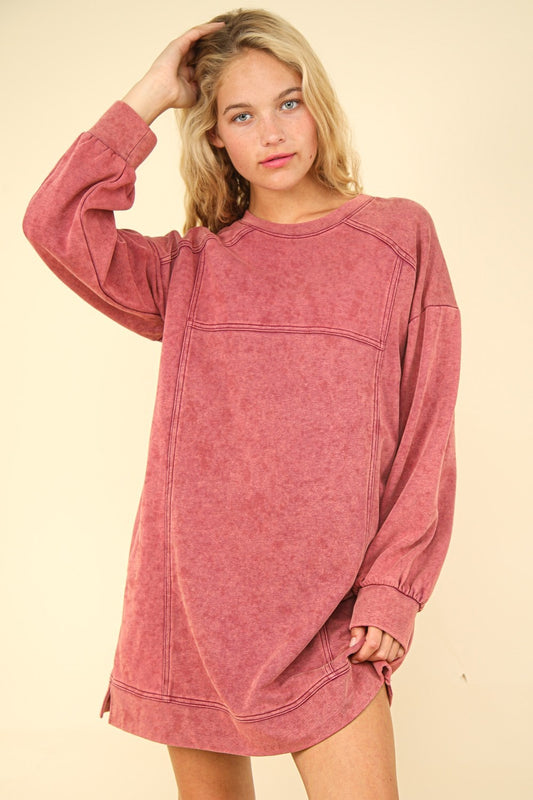 VERY J Oversized Moments Mineral Washed Oversized Sweatshirt Mini Dress in Magenta