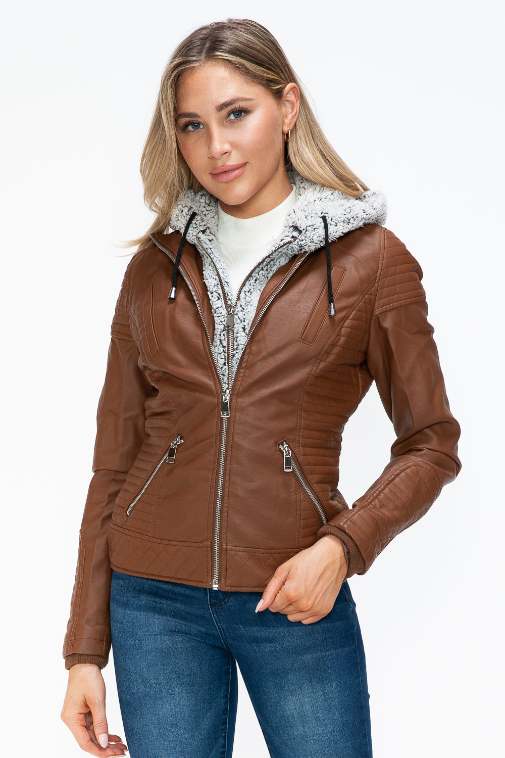 YMI Fuzzy Feels Faux Layered Double-Zipper Jacket with Fuzzy Hood in Rust