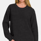 Zenana The World Is My Canvas High Low Long Sleeve Waffle Sweater in Black