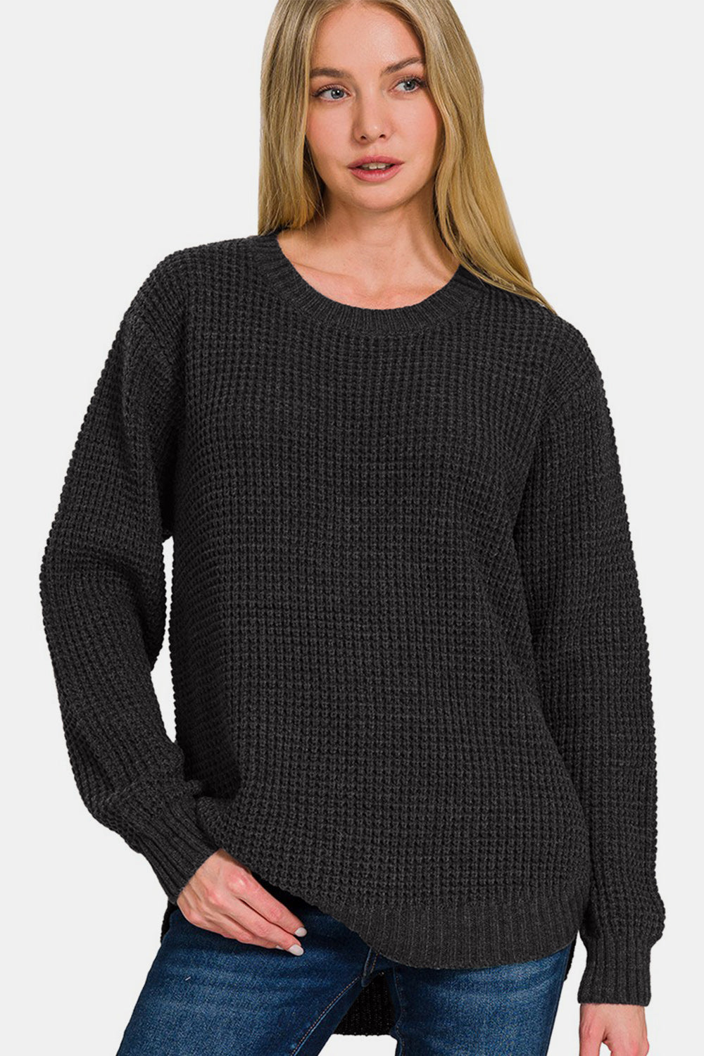 Zenana The World Is My Canvas High Low Long Sleeve Waffle Sweater in Black