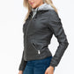 YMI Fuzzy Feels Faux Layered Double-Zipper Jacket with Fuzzy Hood in Charcoal