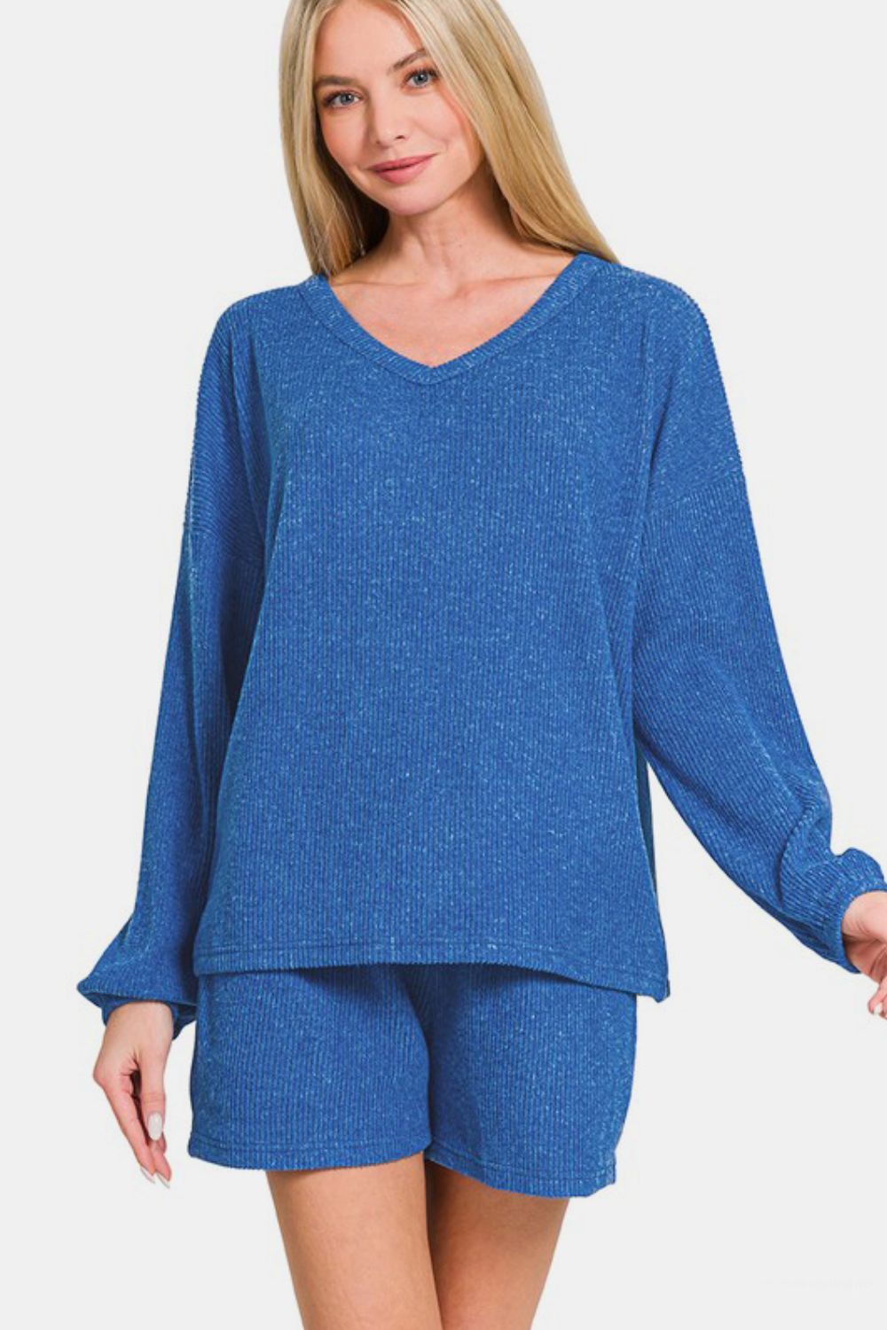 Zenana Collecting Moments V-Neck Long Sleeve Ribbed Top and Shorts Set in Royal Blue