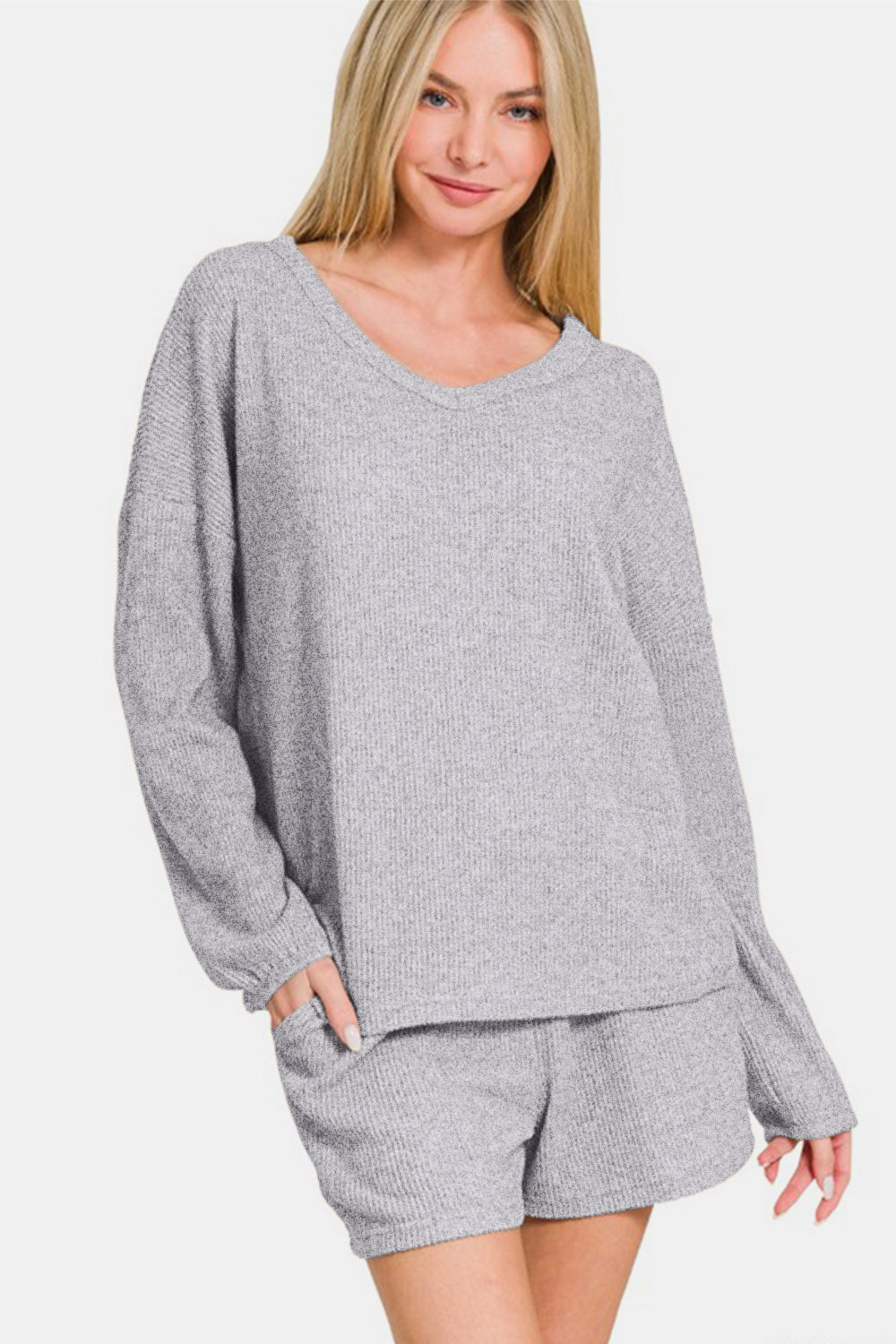 Zenana Collecting Moments V-Neck Long Sleeve Ribbed Top and Shorts Set in Gray