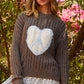 POL Peace and Love Cable-Knit Peace Patch Dropped Shoulder Sweater in Dark Gray