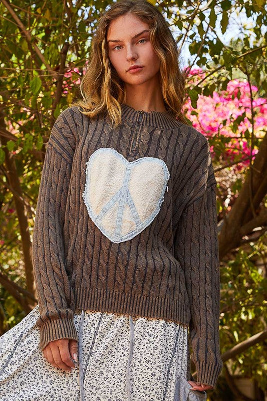 POL Peace and Love Cable-Knit Peace Patch Dropped Shoulder Sweater in Dark Gray