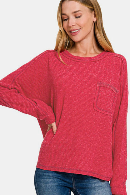 Zenana Cozy Unfiltered Contrast Stitching Brushed Ribbed Hacci Knit Top in Red