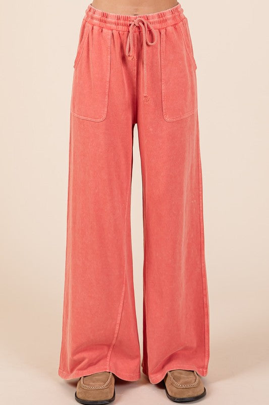 Mittoshop Vintage Dreamin' Mineral Wash French Terry Drawstring Wide Leg Pants in Orange-Red