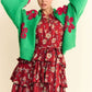 Davi & Dani Pop of Personality Floral Applique Open Front Drop Shoulder Cardigan in Green